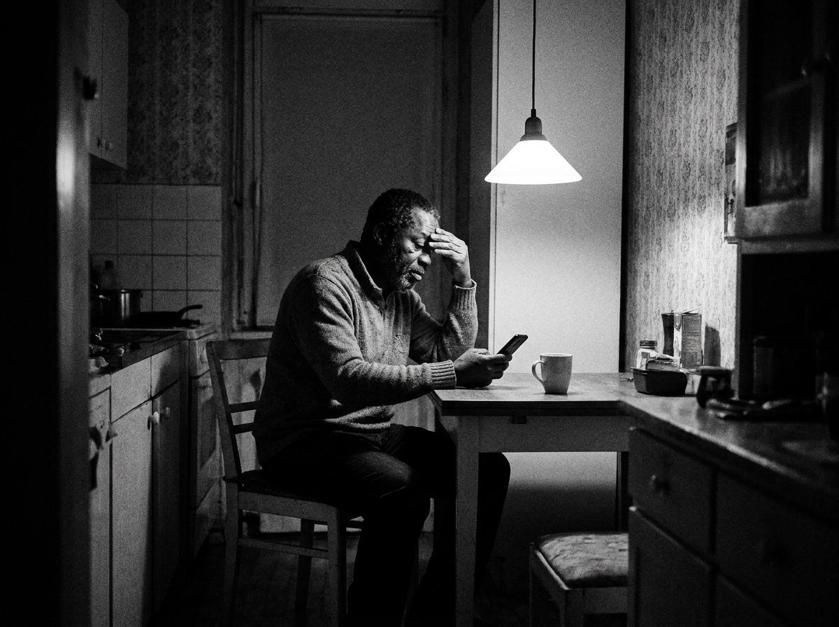 Homme inquiet devant son téléphone